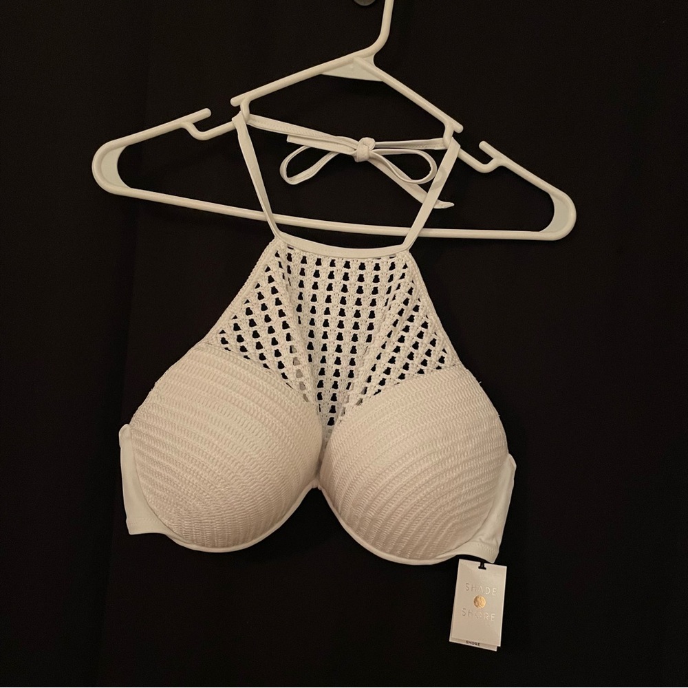 NWT Shade & Shore Light Lift White Crochet High-Neck Padded Bikini Top 38C